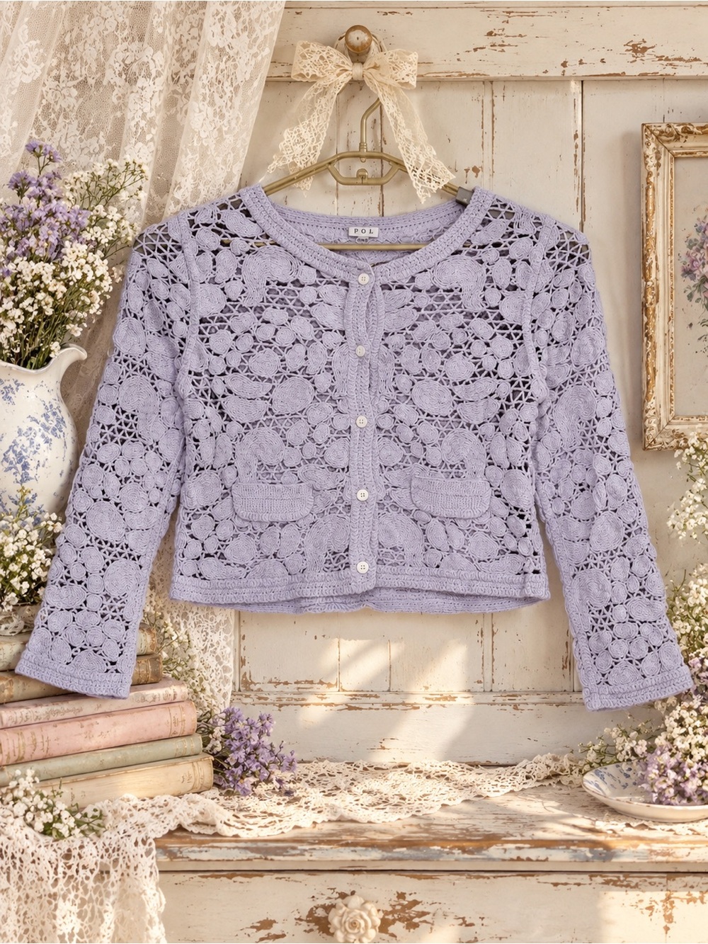 🌸 POL 100% COTTON Lavender Floral Crochet Cardigan One Size Boho Cottagecore